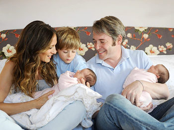 45-yr-old actress Sarah Jessica Parker, 48-yr-old actor husband Matthew Broderick, and 7-yr-old son James with twin daughters Marion and Tabitha, born June 22, 2009, via surrogate.