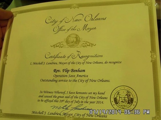 new orleans certificate of recognition pro-life group operation save america