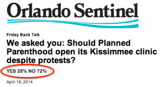 Orlando Sentinel poll showing 72% oppose new Planned Parenthood abortion clinic